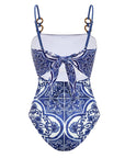 Sling Classic Majolica Series Pattern Print One Piece Swimsuit