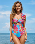 Ruffle Removable Shoulder Strap Pink Bougainvillea Flower Print
