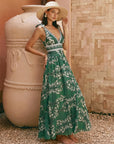 V Neck Lace Up Printed One Piece Swimsuit and Skirt