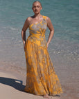 One Shoulder Yellow Printed Swimsuit Set