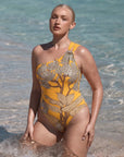 One Shoulder Yellow Printed Swimsuit Set
