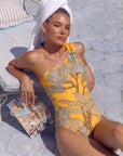 One Shoulder Yellow Printed Swimsuit Set