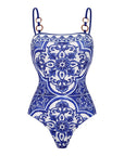 Sling Classic Majolica Series Pattern Print One Piece Swimsuit