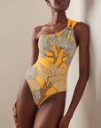One Shoulder Yellow Printed Swimsuit Set