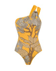 One Shoulder Yellow Printed Swimsuit Set