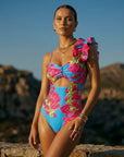 Ruffle Removable Shoulder Strap Pink Bougainvillea Flower Print