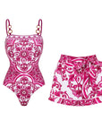Sling Classic Majolica Series Pattern Print One Piece Swimsuit and Skirt or Shorts