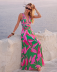 Pink & Green Colorblock Print V-Neck Swimsuit Set(s)