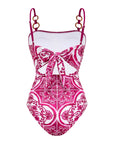 Sling Classic Majolica Series Pattern Print One Piece Swimsuit and Skirt or Shorts