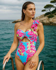 Ruffle Removable Shoulder Strap Pink Bougainvillea Flower Print