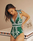 V Neck Lace Up Printed One Piece Swimsuit and Skirt