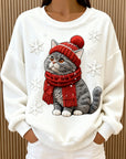 Casual flannel hoodie with Christmas cat print for women