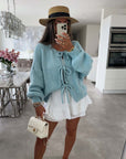 Solid Color Crew Neck Lace-Up Cardigan