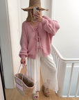 Solid Color Crew Neck Lace-Up Cardigan