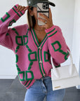 V-Neck Casual Color Contrast Knit Cardigan