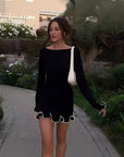 SARAH™ - Elegant Colorblock Wave Hem A-Line Long Sleeve Dress