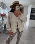 Solid Color Crew Neck Lace-Up Cardigan