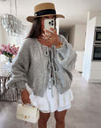 Solid Color Crew Neck Lace-Up Cardigan