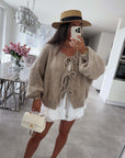 Solid Color Crew Neck Lace-Up Cardigan