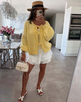 Solid Color Crew Neck Lace-Up Cardigan