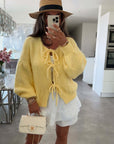 Solid Color Crew Neck Lace-Up Cardigan