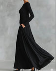 Fiorella™ - Modern long dress in black crepe with pleated boat neckline