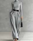 Renata™ - Set of High Neck Top with Long Sleeves and Wide Leg Pants with Belt