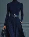 Francesca™ - Dark blue knit dress with high neck