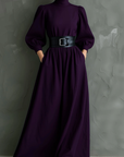 Isabella™ - Elegant, form-fitting, long dress with a high neck and long sleeves in dark purple (with belt)