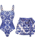 Sling Classic Majolica Series Pattern Print One Piece Swimsuit