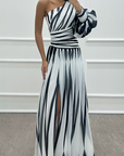 Hazel™ | Elegant Striped Maxi Dress with One Shoulder