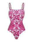 Sling Classic Majolica Series Pattern Print One Piece Swimsuit and Skirt or Shorts