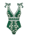 V Neck Lace Up Printed One Piece Swimsuit and Skirt