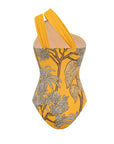 One Shoulder Yellow Printed Swimsuit Set