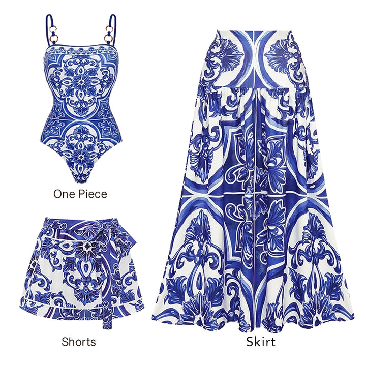 Sling Classic Majolica Series Pattern Print One Piece Swimsuit