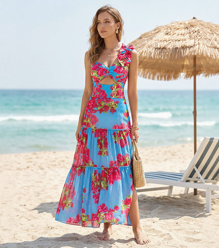 Ruffle Removable Shoulder Strap Pink Bougainvillea Flower Print