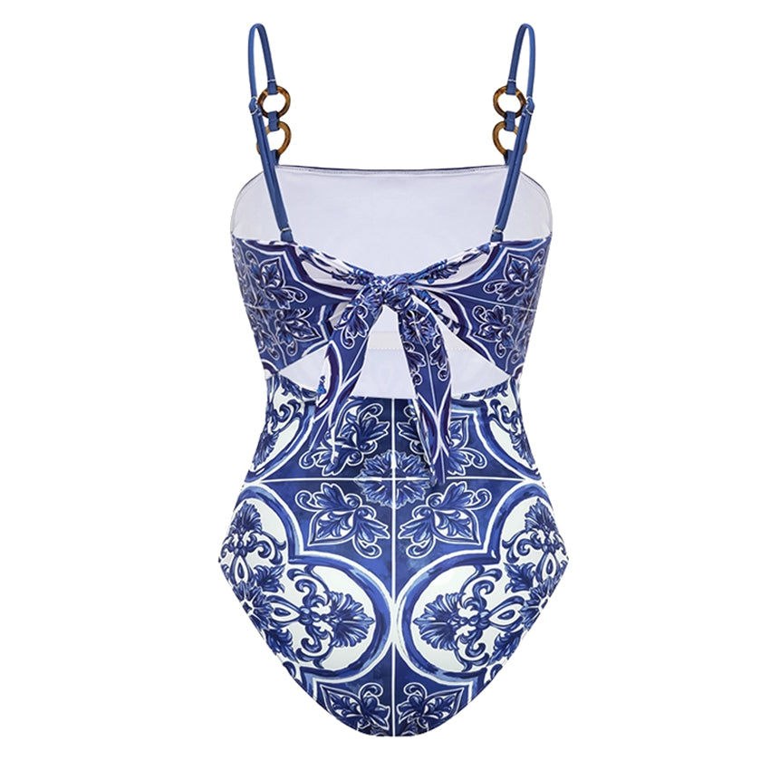 Sling Classic Majolica Series Pattern Print One Piece Swimsuit