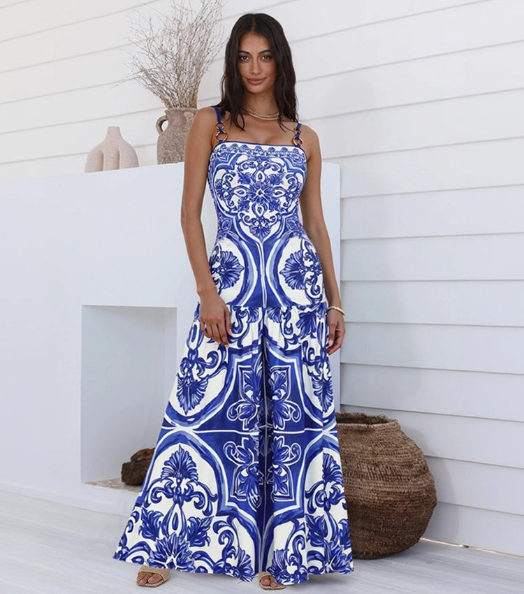 Sling Classic Majolica Series Pattern Print One Piece Swimsuit