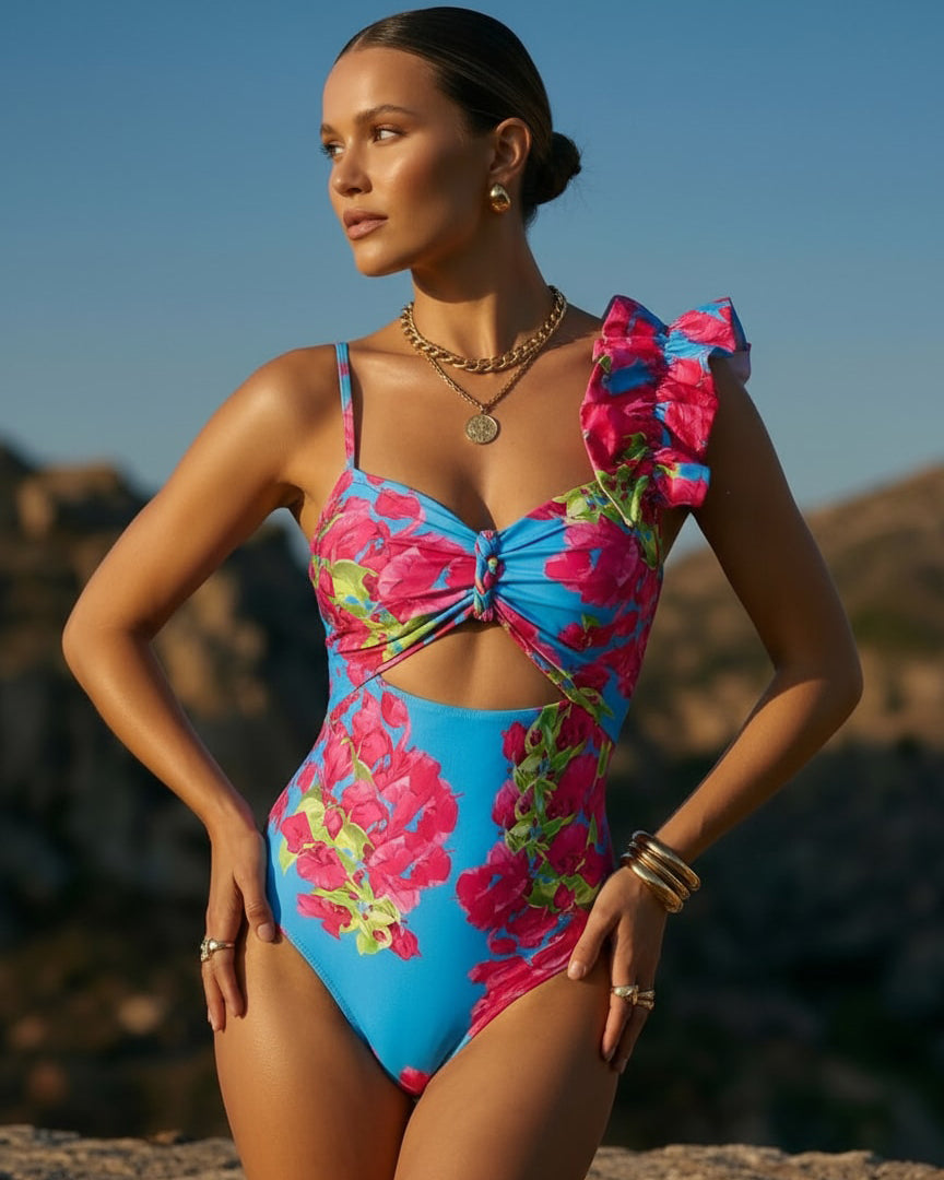 Ruffle Removable Shoulder Strap Pink Bougainvillea Flower Print