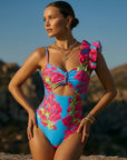 Ruffle Removable Shoulder Strap Pink Bougainvillea Flower Print