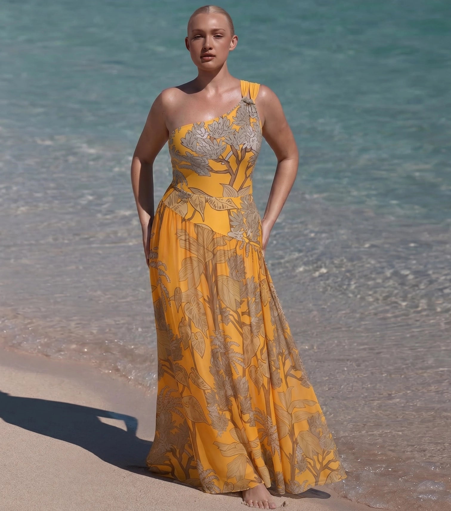 One Shoulder Yellow Printed Swimsuit Set