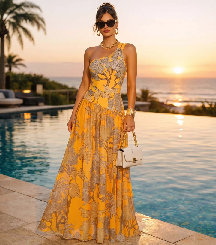 One Shoulder Yellow Printed Swimsuit Set