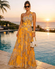 One Shoulder Yellow Printed Swimsuit Set