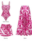 Sling Classic Majolica Series Pattern Print One Piece Swimsuit and Skirt or Shorts