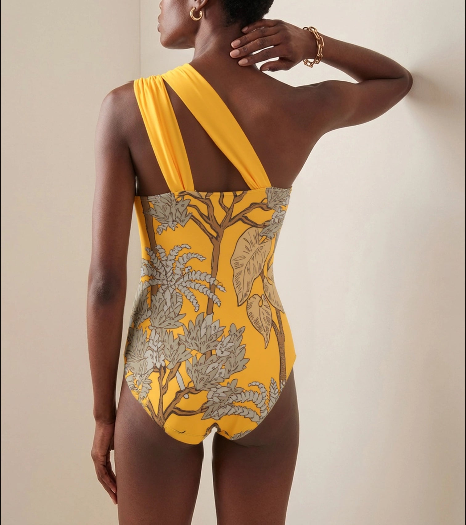 One Shoulder Yellow Printed Swimsuit Set