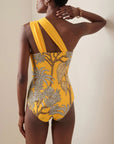 One Shoulder Yellow Printed Swimsuit Set