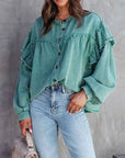 Lantern Sleeve Nail Bead Ruffled Denim Jacket Coat