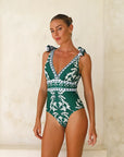 V Neck Lace Up Printed One Piece Swimsuit and Skirt