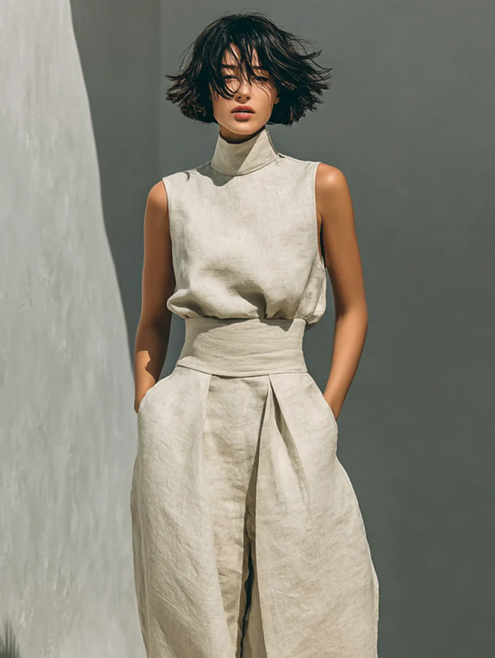 Flor™ | Minimalist set featuring a sleeveless blouse and wide-leg pants in cotton and linen for women