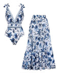 V Neck Lace Up Printed One Piece Swimsuit and Skirt